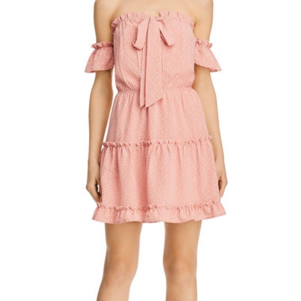 Sage the Label Pink Polka Dot Off Shoulder Ruffle Mini Dress